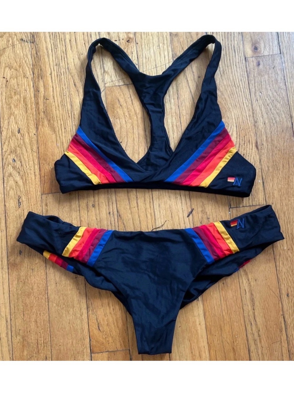 Aviator Nation Black Bikini with Rainbow Stripe Accents top XS bottom Small